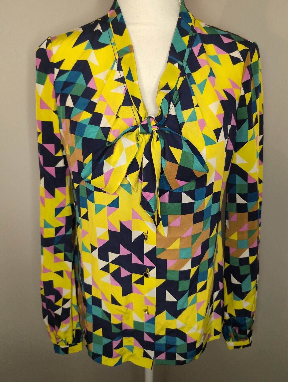 Tory Burch Geometric Silk Tie Neck Blouse Statement Designer Career Size 4